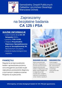 Bezpłatne badania w listopadzie - CA125, PSA i cytologia