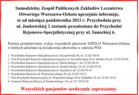 Informacja o przeniesieniu Przychodni przy ul. Jankowskiej 2.