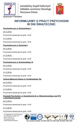 INFORMUJEMY O PRACY PRZYCHODNI W DNI ŚWIĄTECZNE