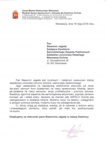 Podziękowanie dla Dyrektora Sławomira Jagieły za zaangażowanie w pracę na rzecz dzielnicy Ochota.
