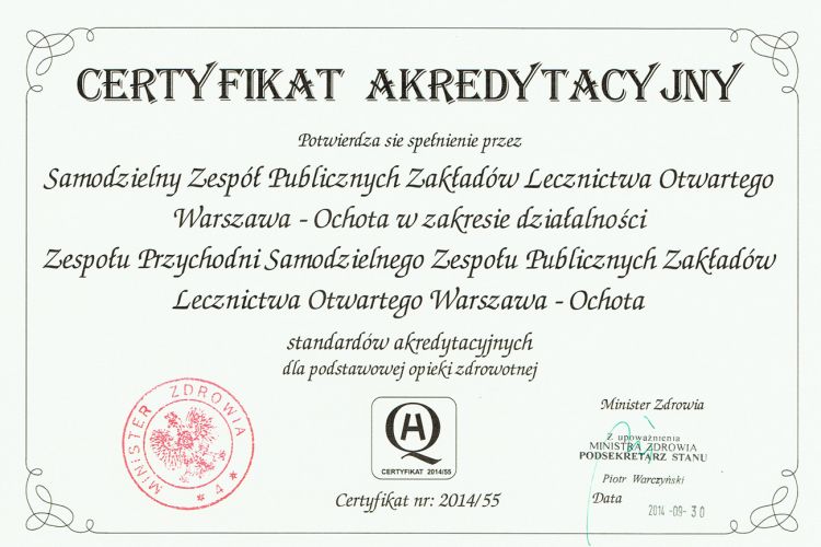 Akredytacja Ministra Zdrowia w zakresie podstawowej opieki zdrowotnej 2014