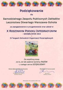 Podziękowanie dla SZPZLO Warszawa-Ochota