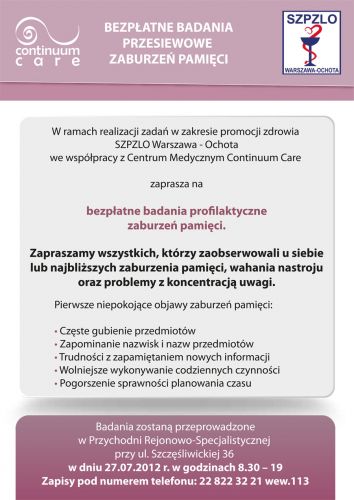27 lipca 2012 r. - BEZPŁATNE BADANIA PROFILAKTYCZNE ZABURZEŃ PAMIĘCI