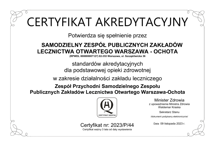 Сертификат аккредитации первичной медико-санитарной помощи для SZPZLO Варшава-Охота