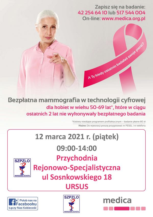 bezpłatna mammografia ulica Sosnkowskigo 18 12 MARCA SZPZLO WARSZAWA OCHOTA